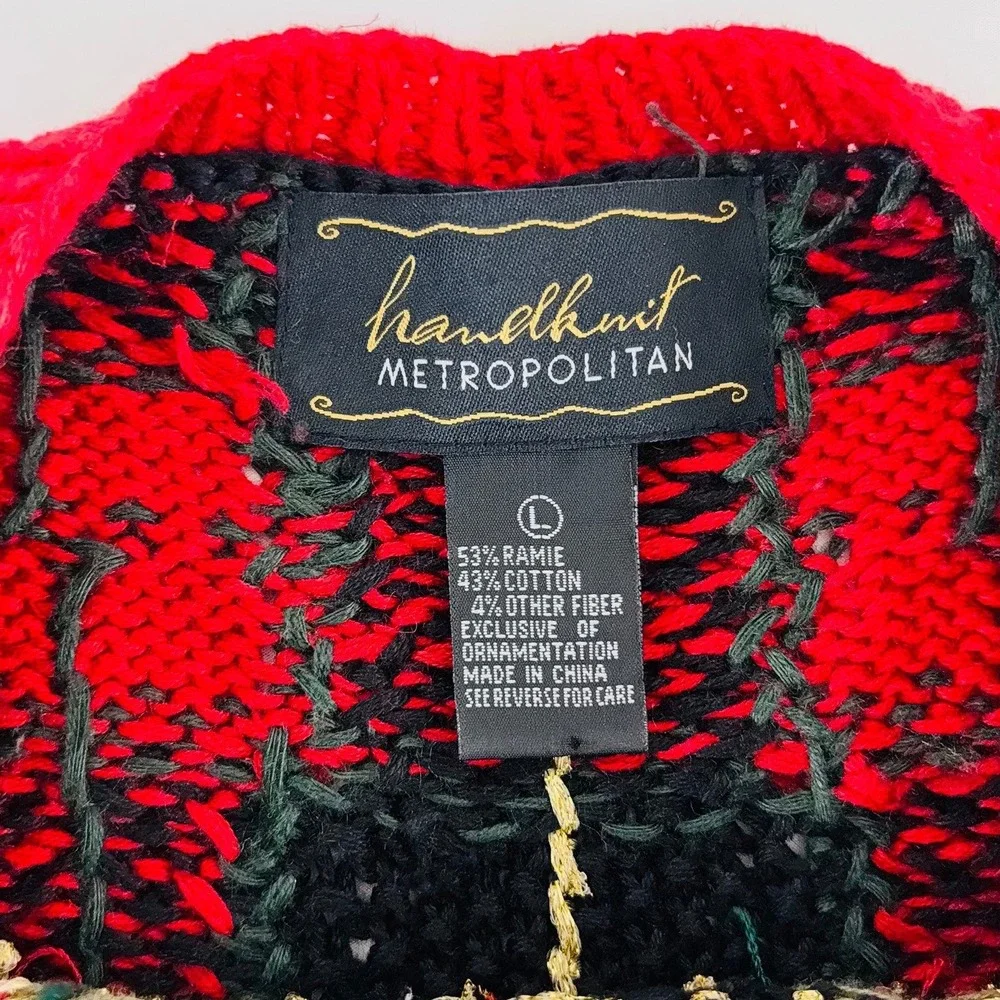 Vtg Handknit Metropolitan Red Plaid Christmas Tree Embellished Sweater Dress L